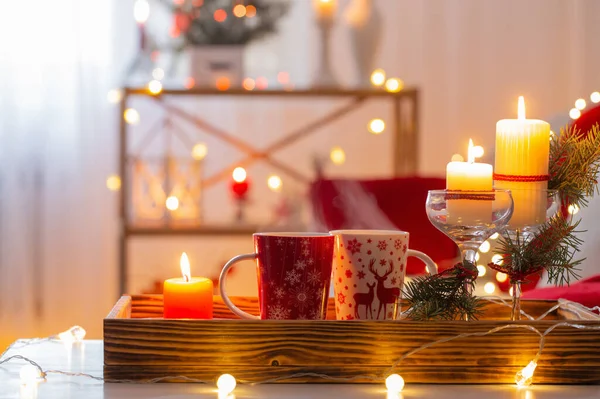 Tasse Boisson Chaude Avec Des Décorations Noël Dans Des Couleurs — Photo