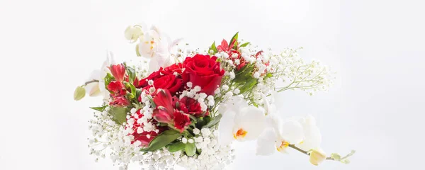 Bouquet Rosso Bianco Vaso Fondo Bianco — Foto Stock
