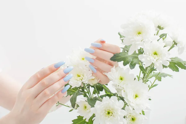 Vrouwelijke Handen Met Mooie Manicure Chrysant Bloemen — Stockfoto