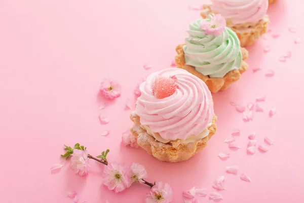 Merah Muda Dan Hijau Cupcakes Dengan Bunga Musim Semi Latar — Stok Foto