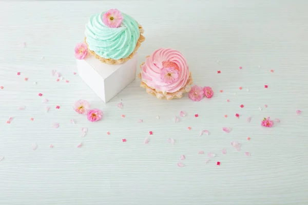 粉色和绿色的杯形蛋糕 有春天的花朵 白色背景的木制盆栽 — 图库照片