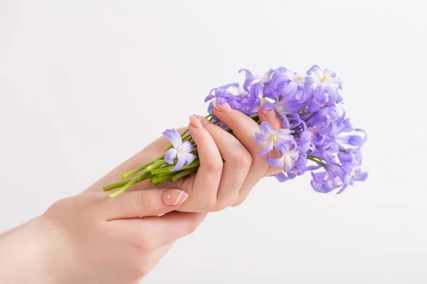 Modrý Jaro Květiny Ženách Ruce Bílé Pozadí — Stock fotografie