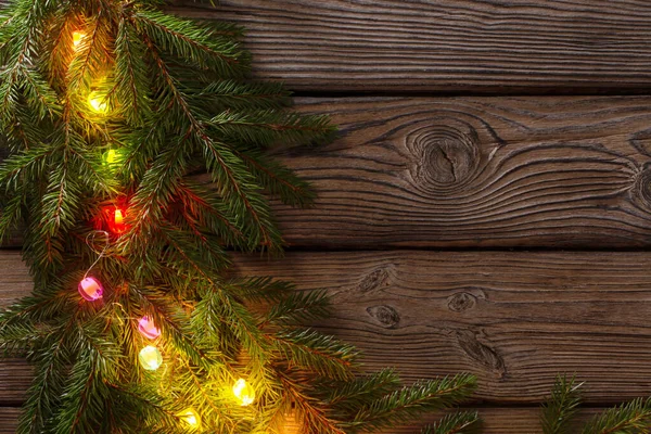 Színes Karácsonyi Fények Sötét Fából Készült Háttér — Stock Fotó