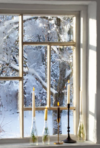 Old Window Winter Landscape Burning Candles Windowsill — Stock Photo, Image