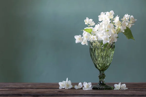 緑の背景にあるグラス花瓶のジャスミンの花 — ストック写真