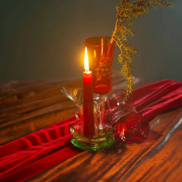 Christmas Still Life Burning Candle Broken Glass Vintage Style — Stock Photo, Image