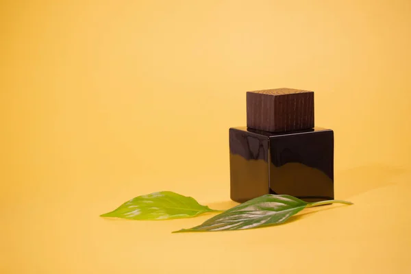 Garrafa Perfume Preto Com Folhas Verdes Fundo Amarelo — Fotografia de Stock