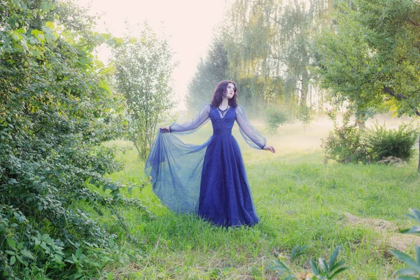 Νεαρή Όμορφη Γυναίκα Μπλε Vintage Φόρεμα Στο Μαγικό Δάσος — Φωτογραφία Αρχείου