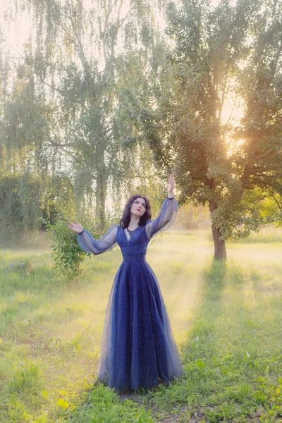 Νεαρή Όμορφη Γυναίκα Μπλε Vintage Φόρεμα Στο Μαγικό Δάσος — Φωτογραφία Αρχείου