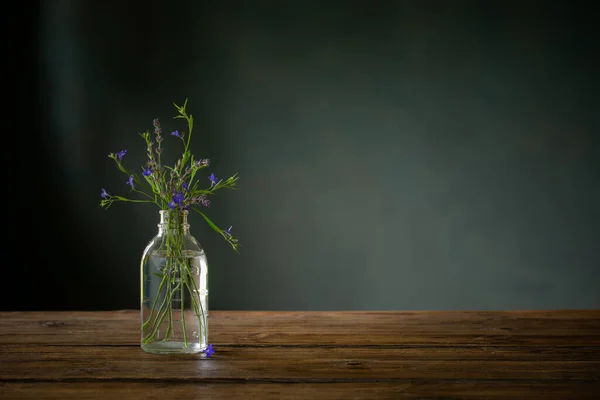 Flores Azules Verano Botella Vidrio Sobre Fondo Oscuro —  Fotos de Stock
