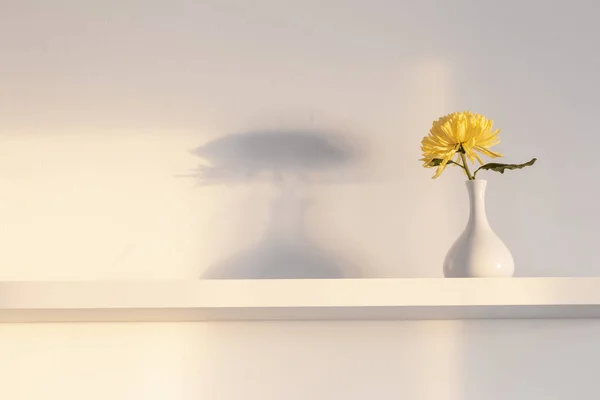 白色背景的白色架子上花瓶里的黄色菊花 — 图库照片