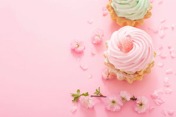 粉色和绿色杯形蛋糕 粉红背景 — 图库照片
