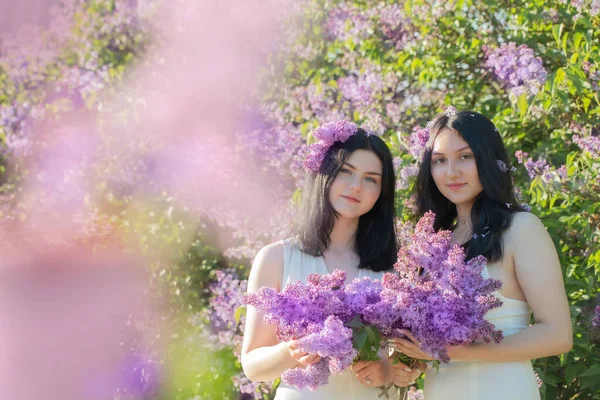 Two Young Girls Blooming Lilac Sunlight — Stock Photo, Image