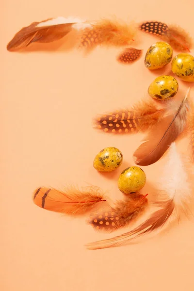 Пасхальные Золотые Перепелиные Яйца Фоне Пастели — стоковое фото