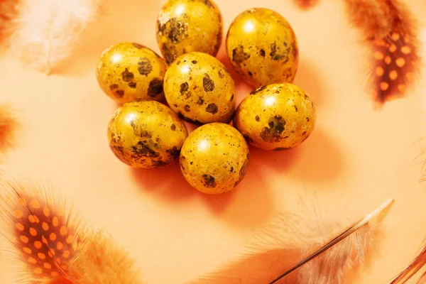 Пасхальные Золотые Перепелиные Яйца Фоне Пастели — стоковое фото