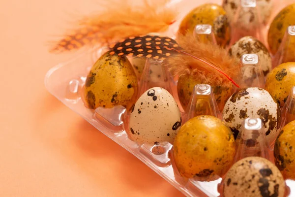 Paskalya Bıldırcın Yumurtaları Pastel Arka Planda Plastik Kabın Içinde — Stok fotoğraf