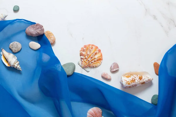 Sea Background Blue Cloth Stones Seashells White Marble — Stock Photo, Image