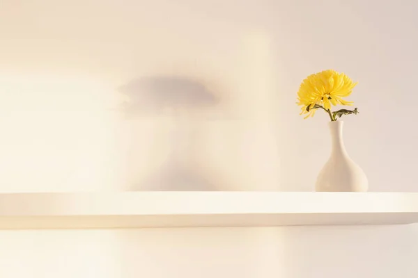 Beyaz Arkaplanda Beyaz Rafta Vazoda Sarı Kasımpatı — Stok fotoğraf