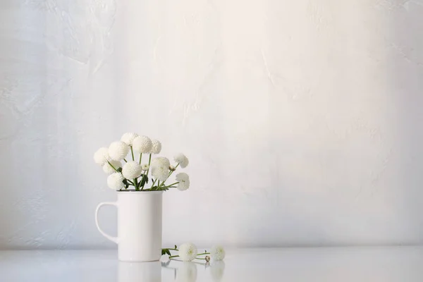 白葡萄酒杯中的白色菊花 背景为白色 — 图库照片