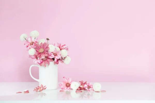 ピンクの背景に白いカップに白とピンクの菊 — ストック写真
