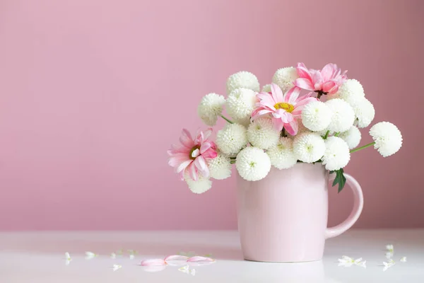 ピンク色のカップに白とピンクの菊 — ストック写真