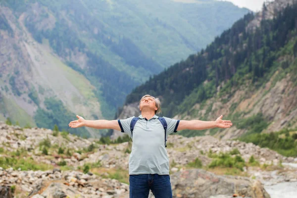 Happy Middle Aged Man Outstretched Arms Backdrop Mountains — Stock Photo, Image