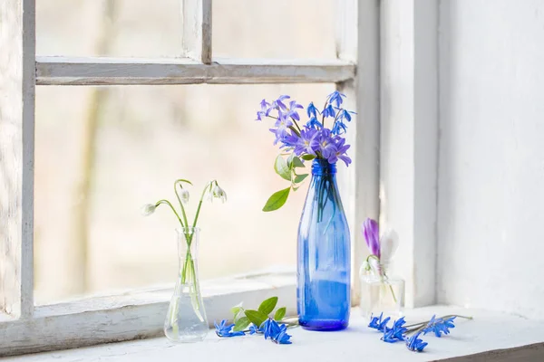 Весняні Квіти Скляній Пляшці Старому Вікні — стокове фото