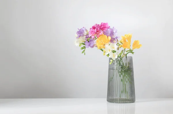 白色背景的玻璃现代花瓶中的菊花 — 图库照片