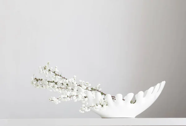 Fleurs Printanières Blanches Dans Vase Blanc Céramique Sur Fond Blanc — Photo