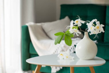 Beyaz rhododendron 'un modern konforlu iç mekanda vazoda dalışı