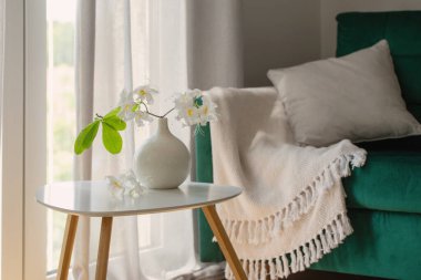 Beyaz rhododendron 'un modern konforlu iç mekanda vazoda dalışı