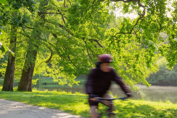 Yaz Güneşli Parkta Bisiklet Sürmek Hareket Bulanıklığı — Stok fotoğraf