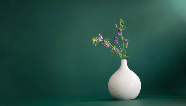 Dzikie Purpurowe Kwiaty Białym Nowoczesnym Wazonie Zielonym Tle — Zdjęcie stockowe
