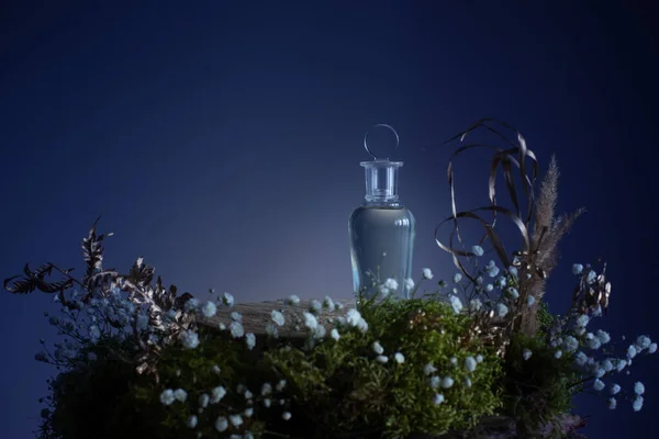 Magic Potion Glass Bottle Plants Flowers Blue Background — Stock Photo, Image