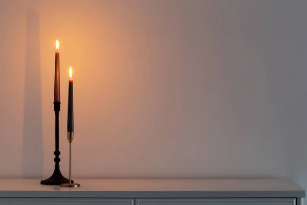 Burning Candles White Wooden Shelf White Interior — Stock Photo, Image