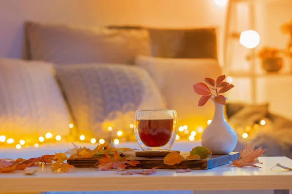 紅葉の暗い夜の部屋に熱いお茶と魔法瓶 — ストック写真