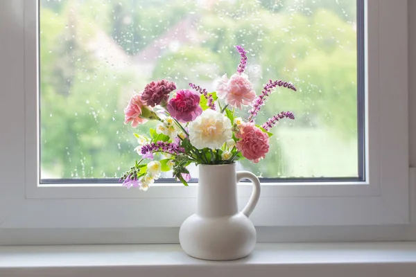 Pink Purple Summer Flowers White Jug Windowsill — Stock Photo, Image