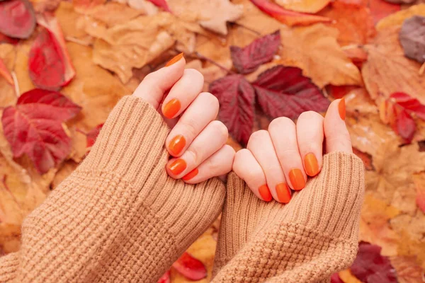 Mãos Femininas Com Manicura Cor Laranja Fundo Folhas Outono — Fotografia de Stock