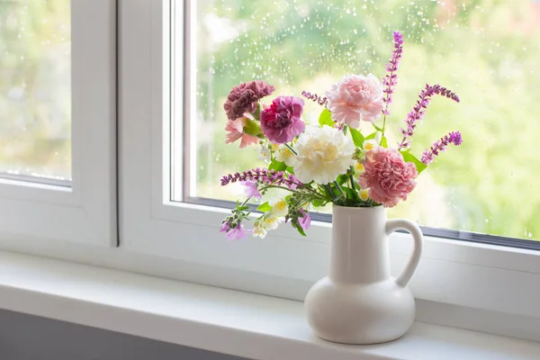 Pink Purple Summer Flowers White Jug Windowsill — Stock Photo, Image