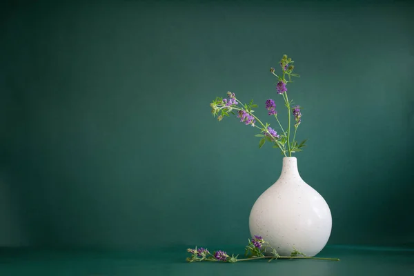 Flores Roxas Selvagens Vaso Moderno Branco Fundo Verde — Fotografia de Stock