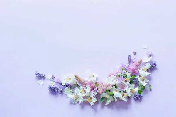 Witte Paarse Bloemen Paarse Papieren Achtergrond — Stockfoto