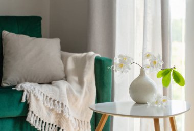 Beyaz rhododendron 'un modern konforlu iç mekanda vazoda dalışı