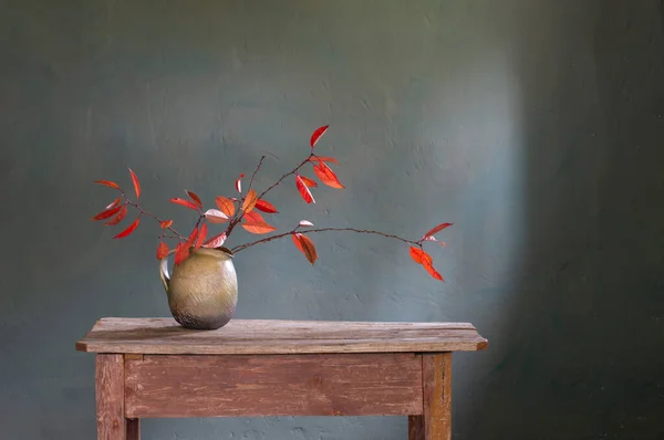 旧木桌上陶瓷壶中的红叶 — 图库照片