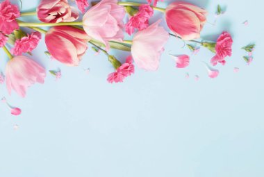 Mavi arka planda güzel bahar çiçekleri