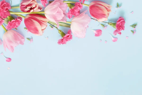 Gyönyörű Tavaszi Virágok Kék Háttér — Stock Fotó