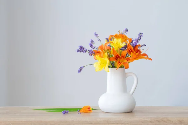 Summer Flowers White Jug Wooden Shelf — Stock Photo, Image