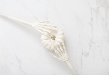 Beyaz cadılar bayramı balkabakları mermer arka planda dekor ile