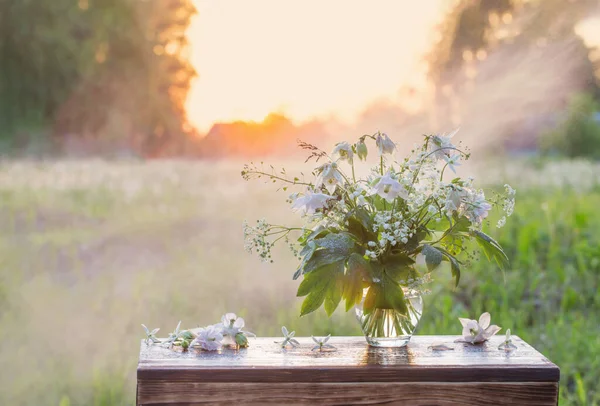 Yaz Çiçeklerinin Buketi Cam Vazoda Açık Havada Güneş Işığında — Stok fotoğraf