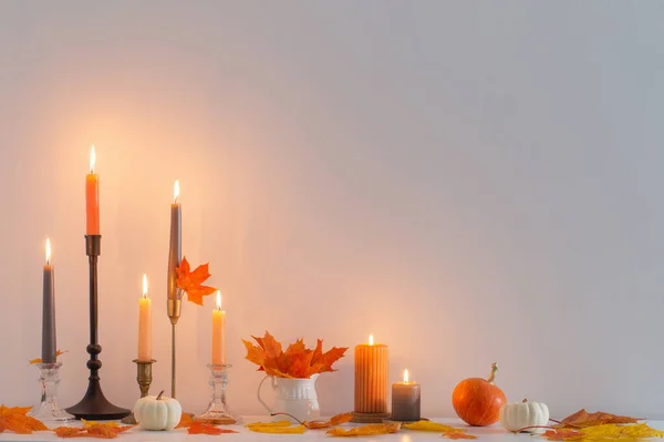 Beautiful Autumn Home Decor Burning Candles White Interior — Stock Photo, Image