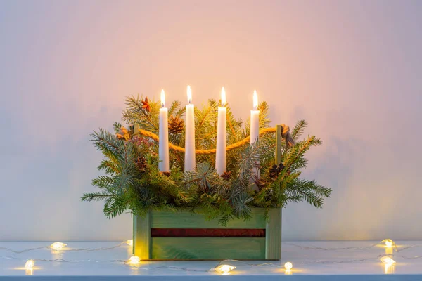 Advent Decoration Fir Branches Four Burning Candles Wooden Basket White — Stock Photo, Image